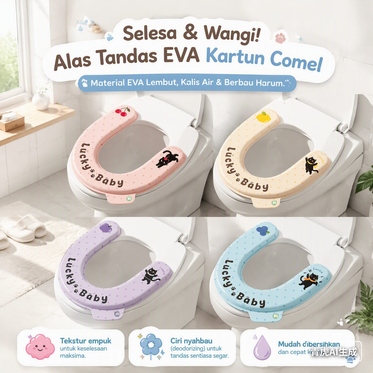 Alas Duduk Tandas EVA Wangi & Kalis Air – Lembut, Tidak Melekit, Dengan Pemegang