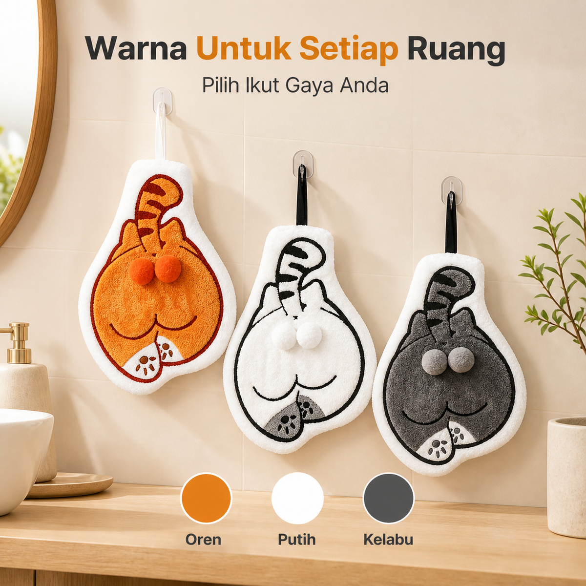 Tuala Tangan Gantung Kucing Comel – Lembut, Menyerap & Mudah Digantung