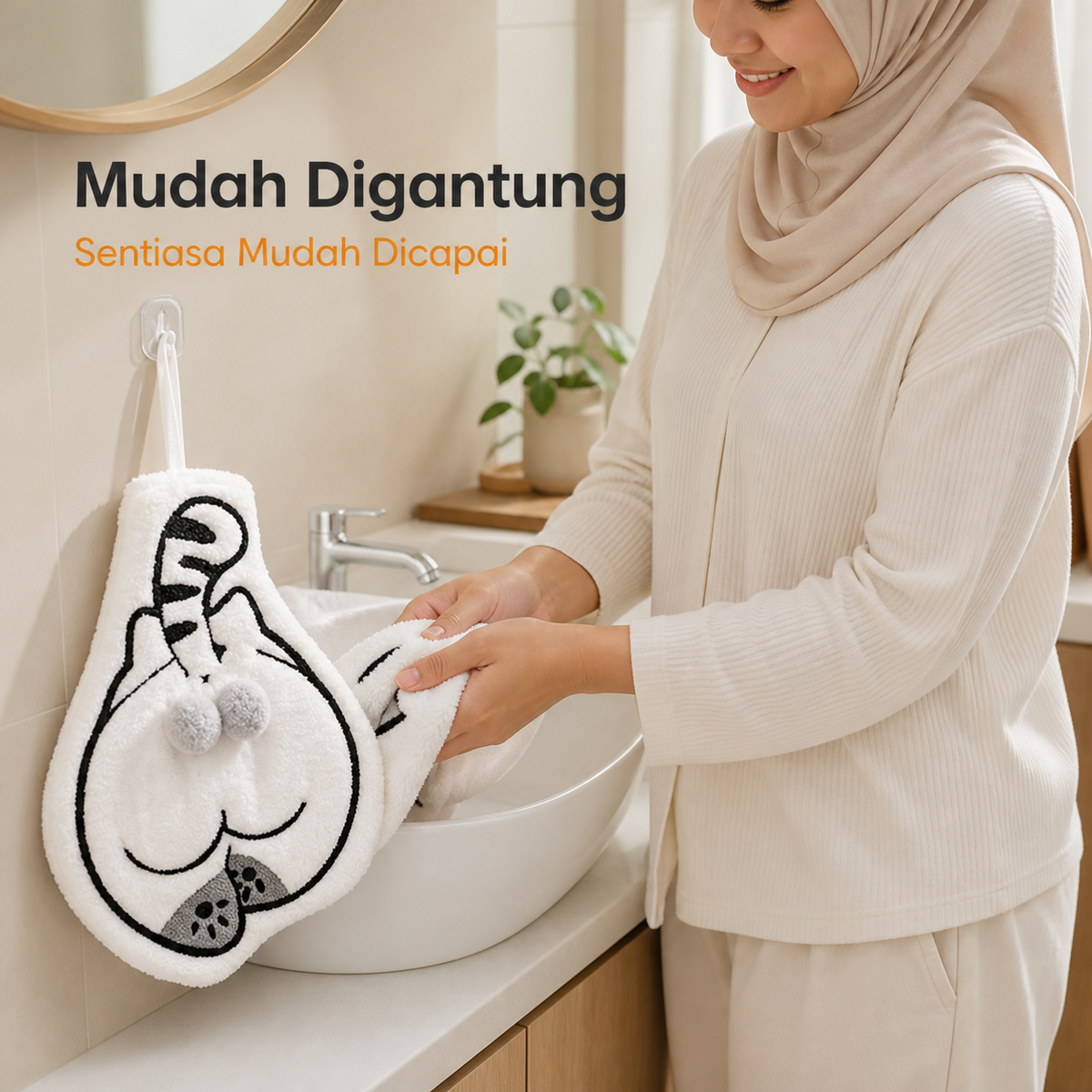 Tuala Tangan Gantung Kucing Comel – Lembut, Menyerap & Mudah Digantung