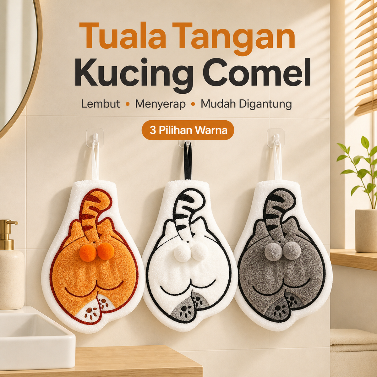 Tuala Tangan Gantung Kucing Comel – Lembut, Menyerap & Mudah Digantung